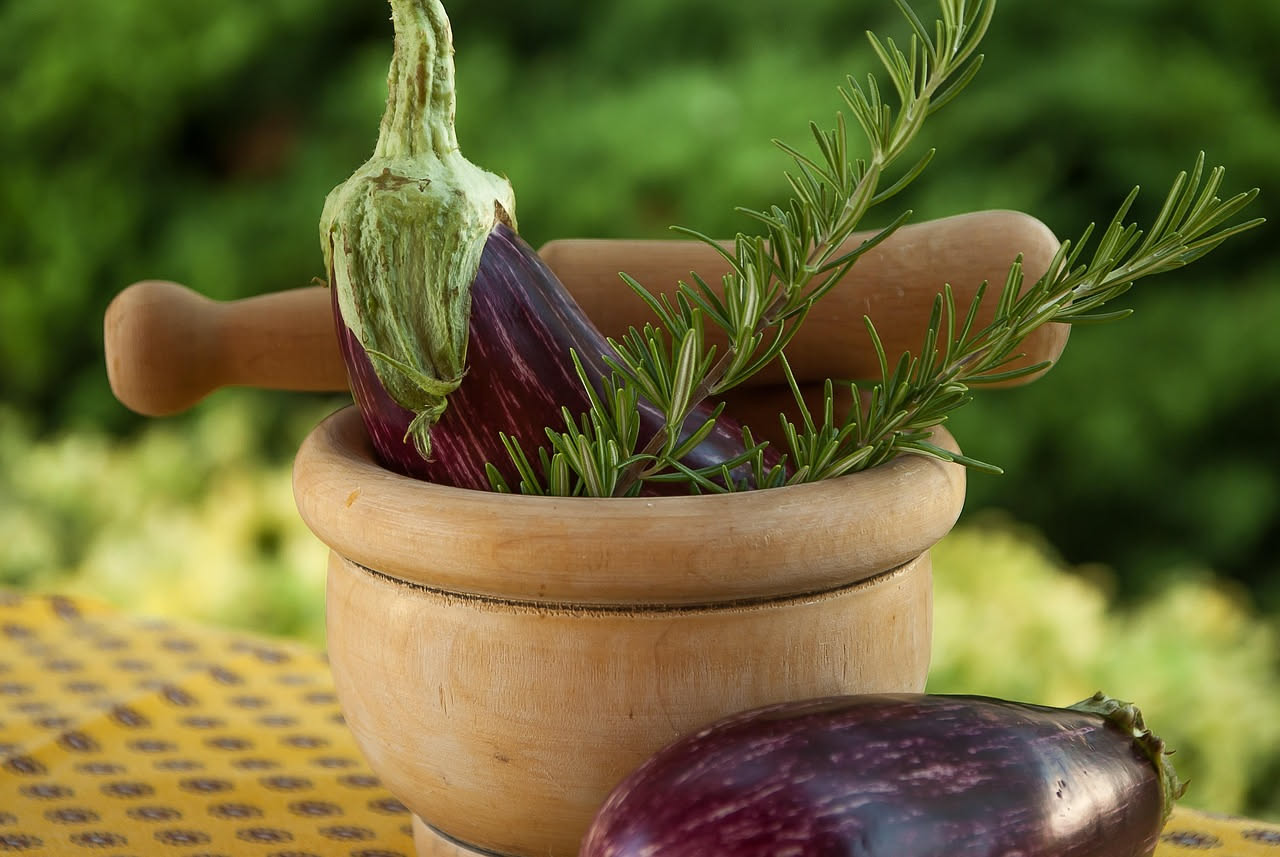 Melanzane blu scuro e lucide appena raccolte con calice verde, disposte su un piano di legno accanto a un termometro e una ciotola con foglie di menta