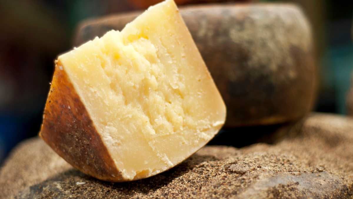 Forme di pecorino romano stagionato, di colore giallo intenso, impilate su legno scuro accanto a grani di pepe nero, con una lama di coltello per la degustazione sullo sfondo