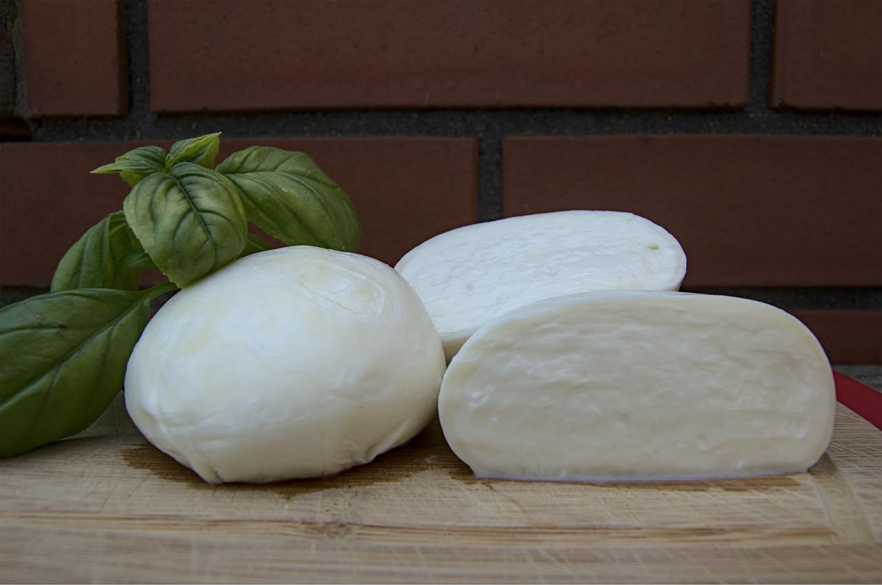 Mozzarella di bufala bianca e lucida in un piatto bianco con gocce di siero, accompagnata da foglie di basilico fresco e pomodori rossi