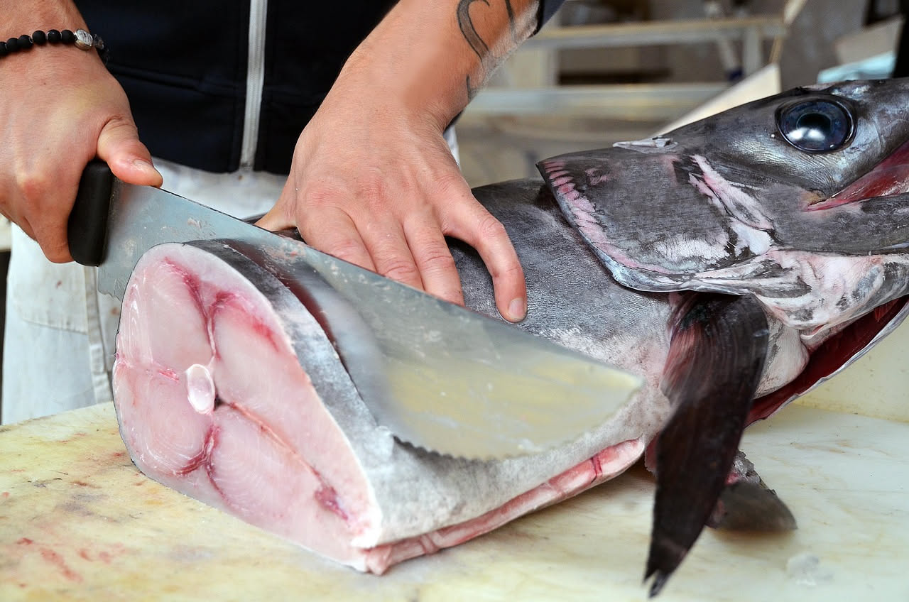 Pesce intero fresco su tagliere di legno con coltello a lama sottile, insieme a un piatto con filetti bianchi e translucidi appena sfilettati