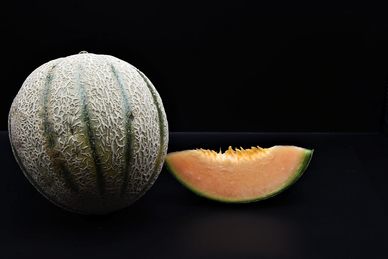 Melone intero con buccia verde screziata appoggiato su un ripiano di frigorifero accanto a una metà di melone esposta con polpa arancione e semi visibili