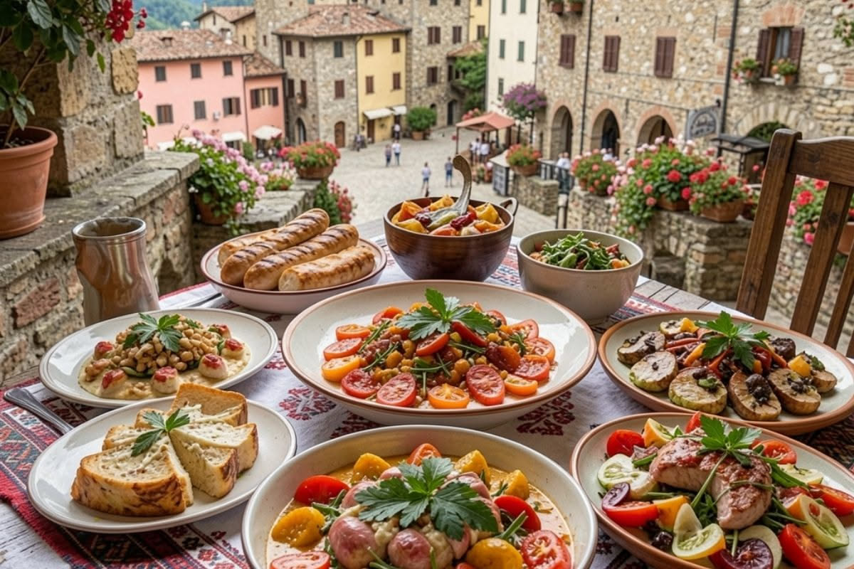 Panzanella toscana in una ciotola di ceramica bianca: cubetti di pane tostato, pomodori rossi, cetrioli verdi e cipolle rosse, conditi con olio d'oliva e basilico fresco su sfondo rustico