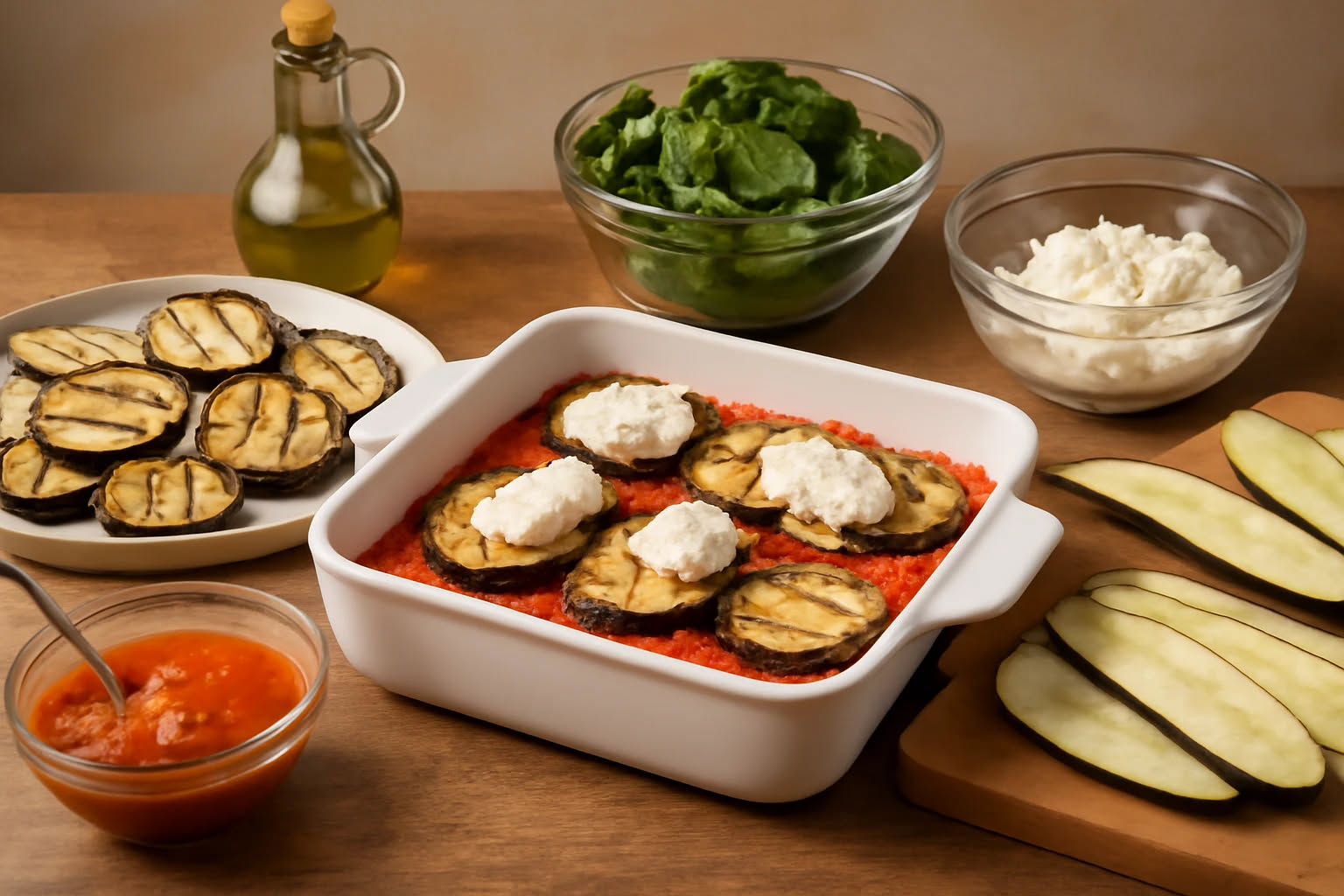 Piatto bianco con verdure grigliate alternate: melanzane viola scure con righe dorate, zucchine verde chiaro leggermente caramellate, peperoni rossi e gialli in strisce, pomodori grigliati con orli an