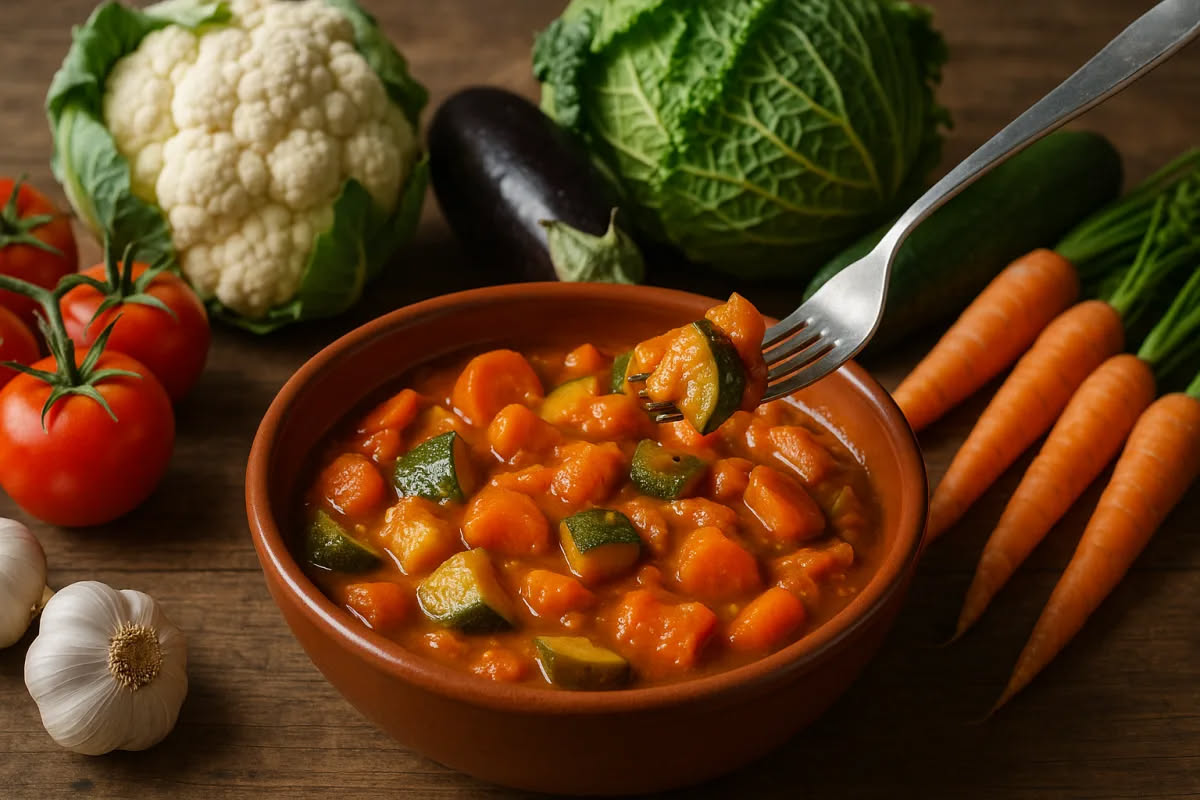 Caponata di zucchine in piatto bianco: zucchine verdi e gialle tagliate a cubetti, con pomodori rossi, olive nere, prezzemolo fresco verde. Condimento lucido e brillante, presentata come contorno.