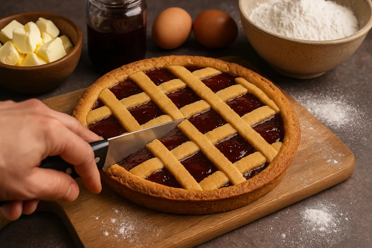 Clafoutis di ciliegie in teglia di ceramica: superficie dorata e leggermente gonfia, ciliegie rosse scure visibili dentro l'impasto cremoso, spolverato di zucchero a velo bianco, porzione tagliata che