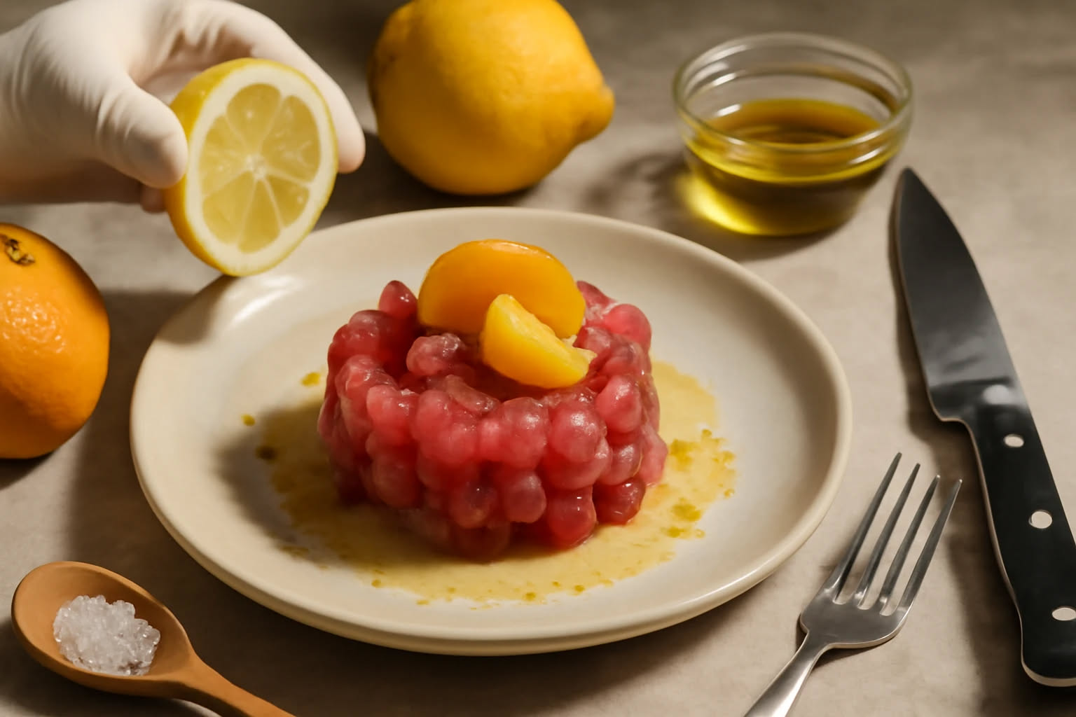 Coppa di gelato alla frutta servita in un bicchiere trasparente con palline di gelato bianco e rosa, fragole rosse a fette, mirtilli blu, sciroppo caramellato versato sopra e una spalmetta in acciaio 