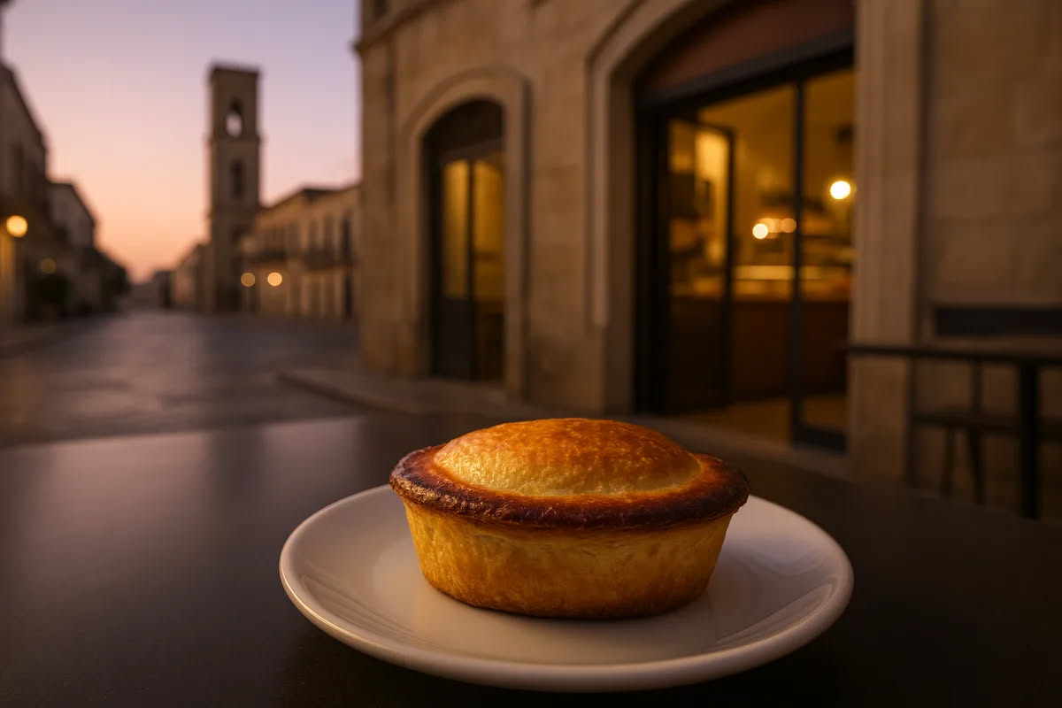 Flan di parmigiano dorato e cremoso in un piatto bianco, con una superficie leggermente caramellata, contornato da parmigiano grattugiato fresco e un leggero filo di olio extravergine