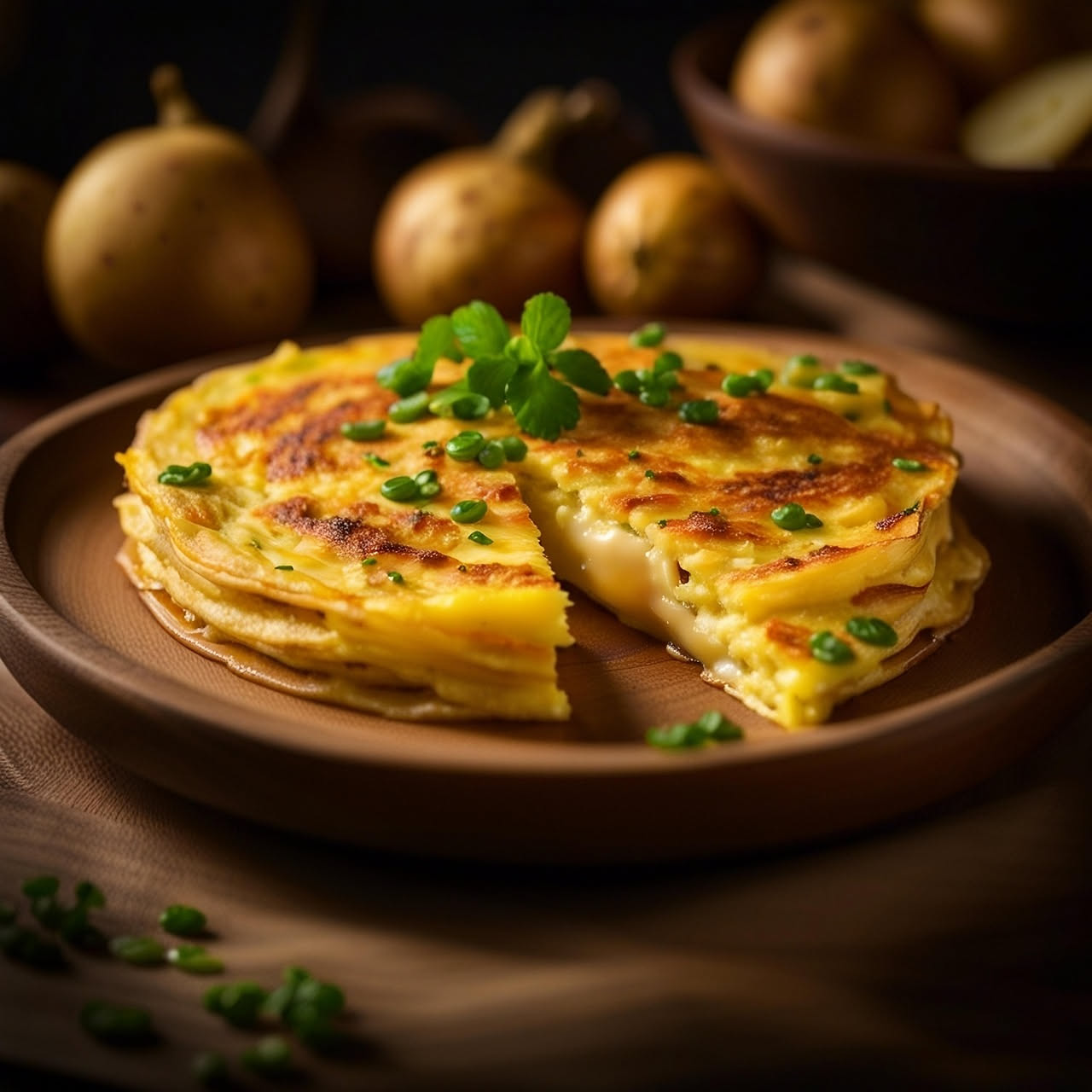 Frittata di patate e cipolle dorata e gonfia appena sfornata, tagliata a spicchi, con patate gialle e cipolle trasparenti visibili nella sezione trasversale, servita in un piatto bianco