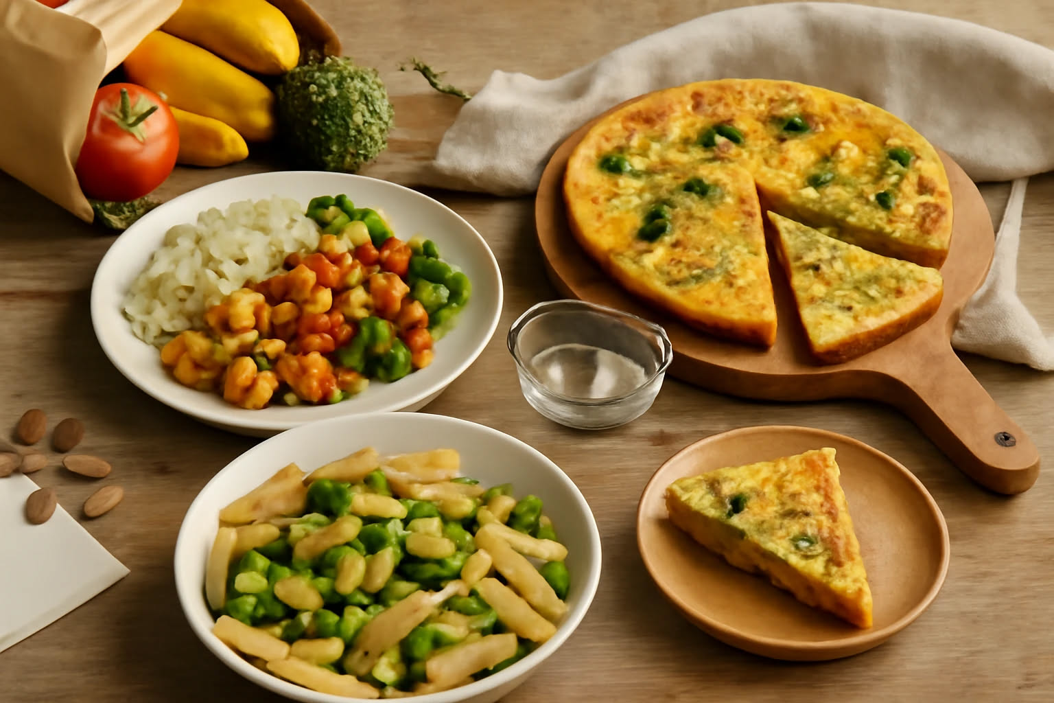 Frittata intera dorata in padella rotonda, tagliata in spicchi triangolari, con strisce di peperoni rossi, gialli e verdi visibili all'interno, superficie liscia e leggermente dorata, servita su un pi