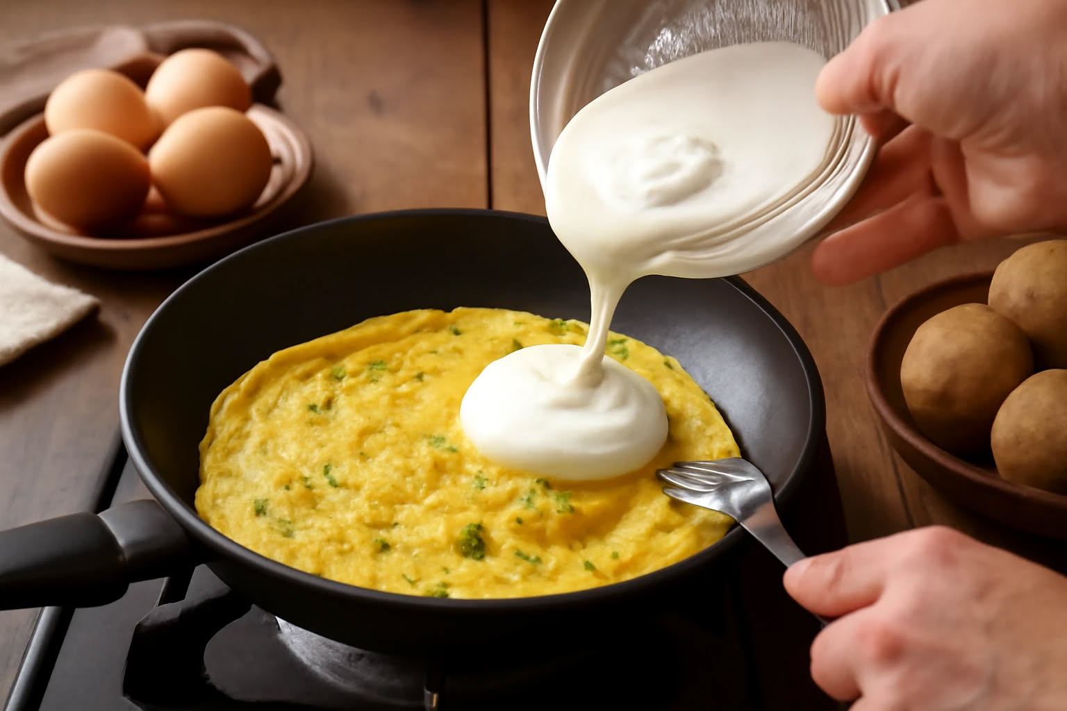 Frittata di zucchine e ricotta tagliata a spicchi in padella in ferro, superficie dorata con puntini verdi delle zucchine, ricotta bianca cremosa visibile dentro, contorno di zucchine grigliate legger