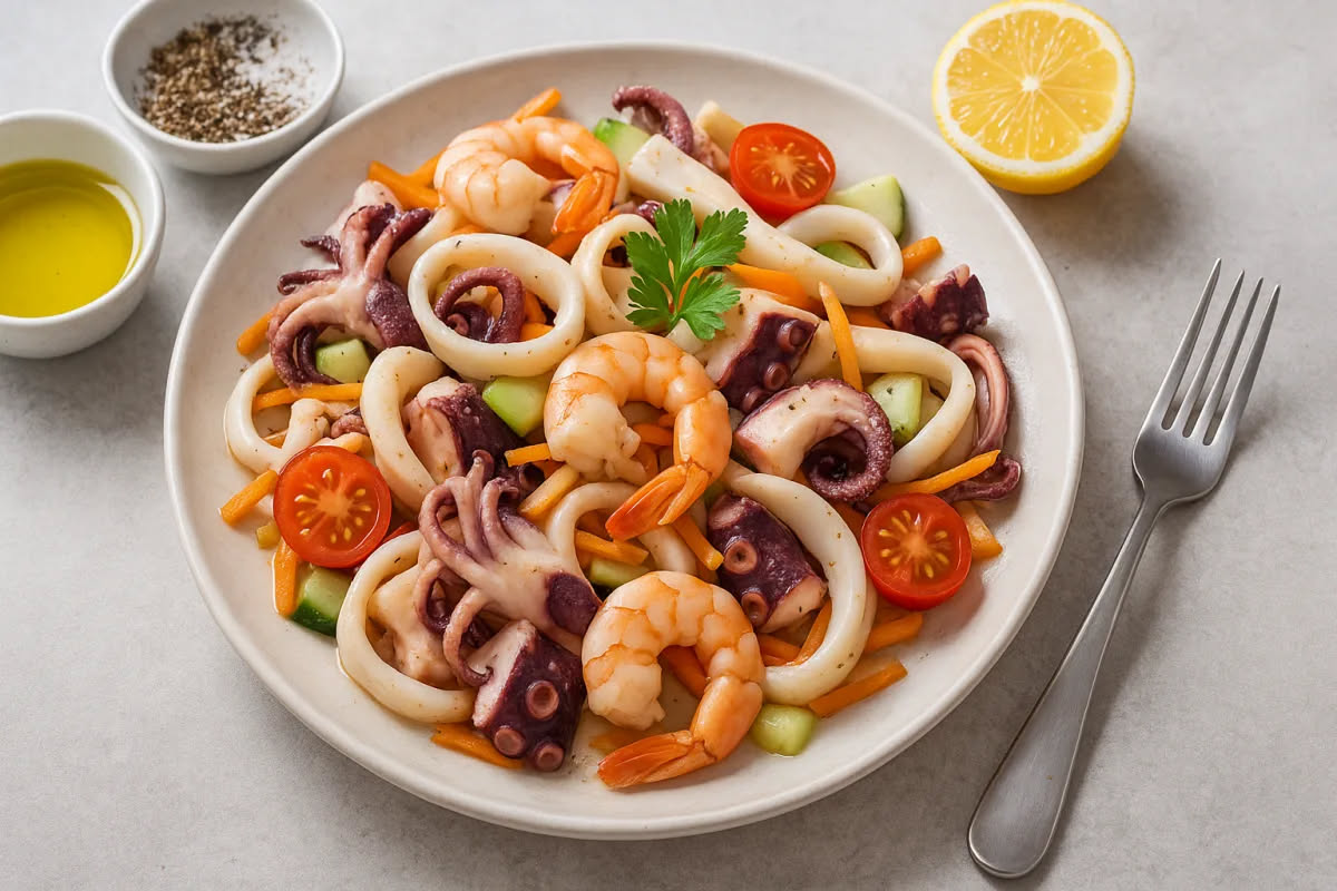 Insalata di polpo servita in piatto bianco con tentacoli rosati e teneri, pomodorini rossi, prezzemolo verde fresco, olive nere, olio extravergine lucido sulla superficie, limone fresco accanto