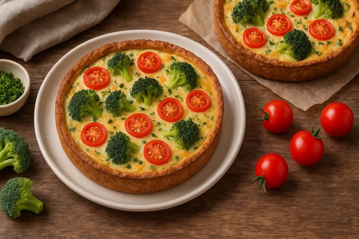 Quiche alle verdure appena sfornata con pasta brisée dorata, ripieno di spinaci, zucchine e formaggio, tagliata a fette su un piatto bianco