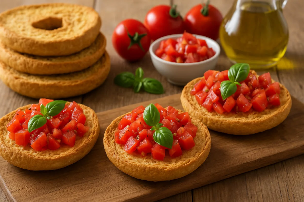 Bruschette e crostini appena tostati disposti su un piatto bianco, con differenti condimenti: pomodori e basilico, formaggio e miele, verdure grigliate