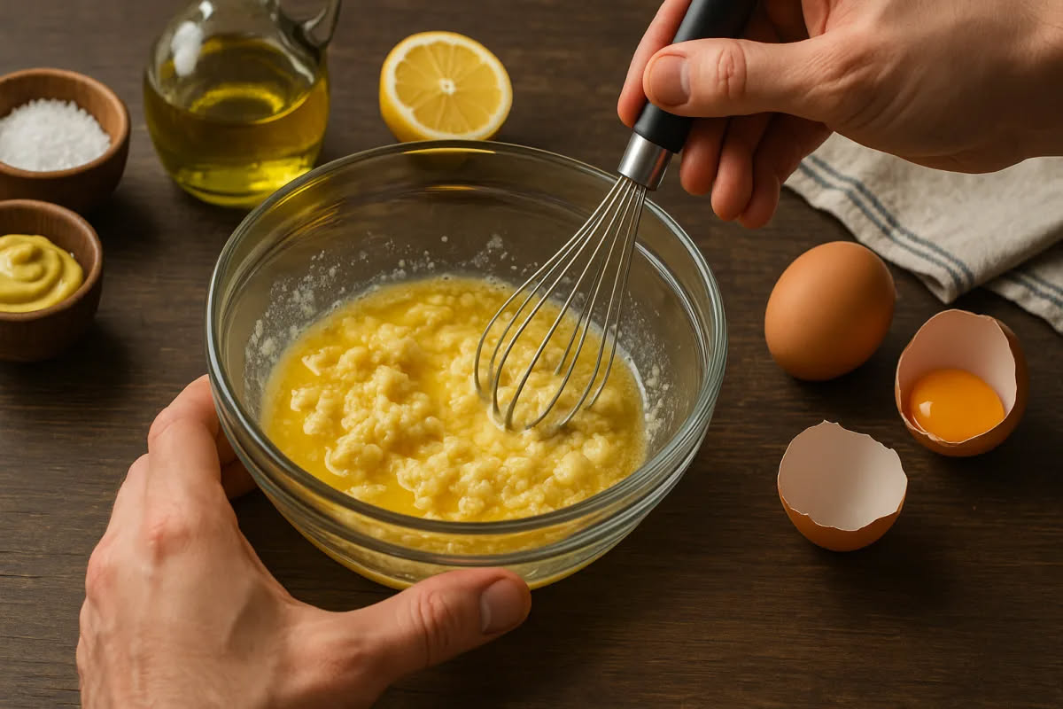 Una ciotola di vetro contiene vinaigrette color ambra con olio e aceto appena emulsionati, accanto a una bottiglia di olio d oliva e una di aceto balsamico su sfondo bianco.