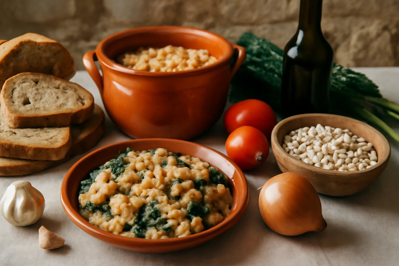 Zuppa rustica in ciotola di ceramica bianca con verdure, legumi e pane tostato, accanto a un cucchiaio di legno su tavolo rustico
