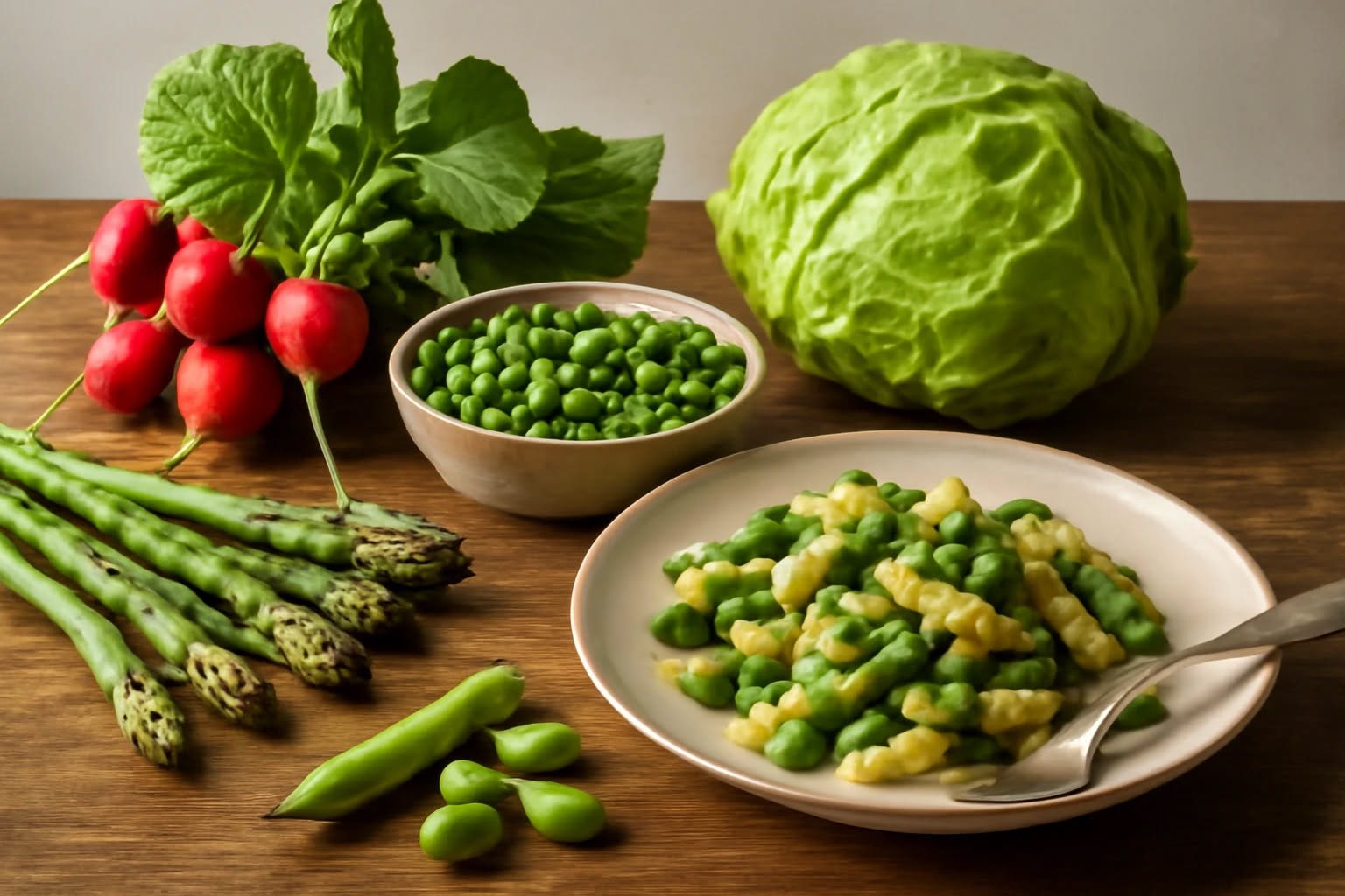 Tavolo di legno con verdure di stagione: asparagi verdi, spinaci freschi, pomodori rossi e barbabietole crude affettate, accanto a una pentola e un tagliere