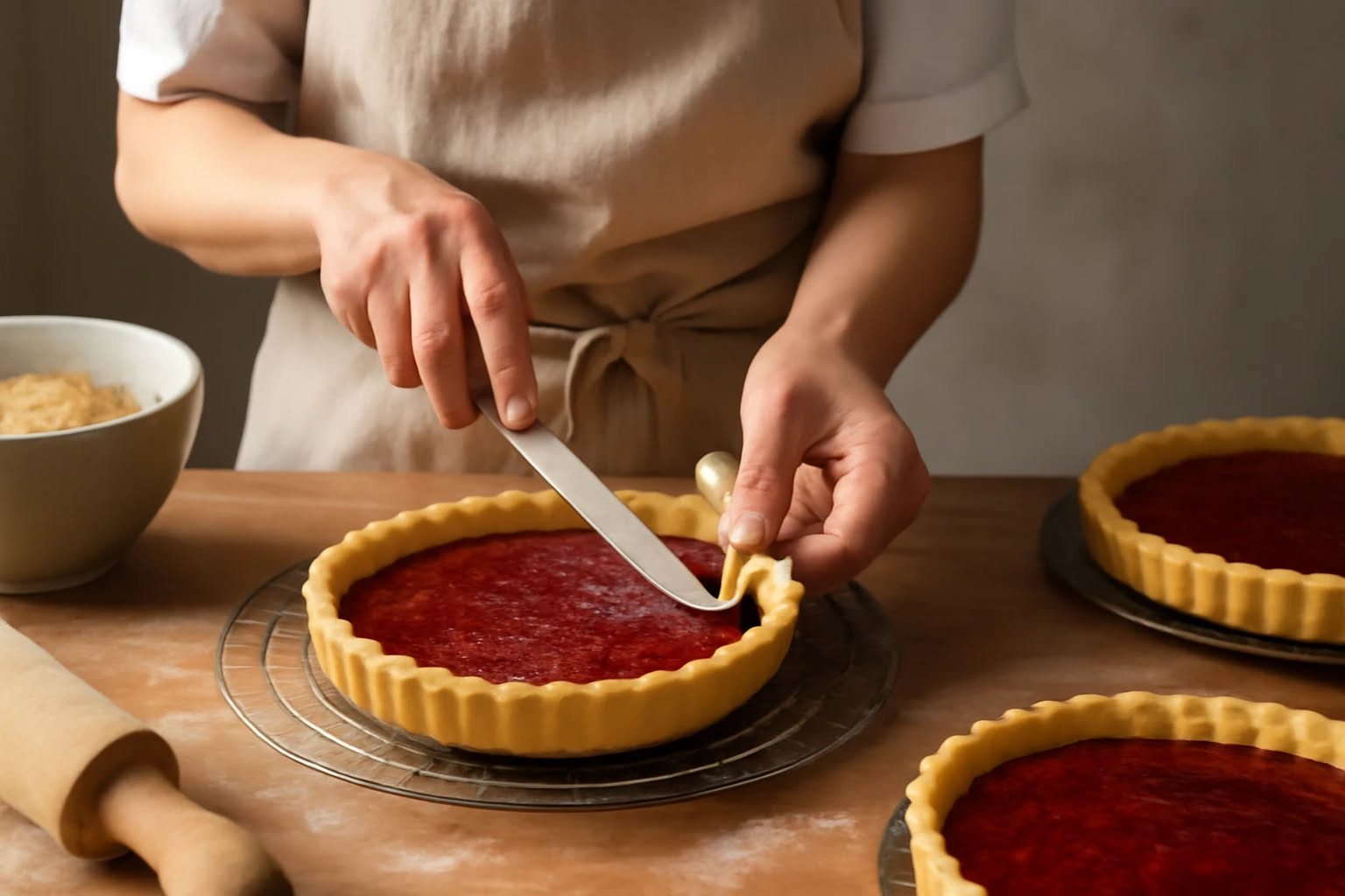 Tavolo da cucina con bilancia digitale, ciotole in acciaio, cucchiai di legno, mattarello, setaccio, farina, burro, uova e zucchero disposti ordinatamente su fondo bianco