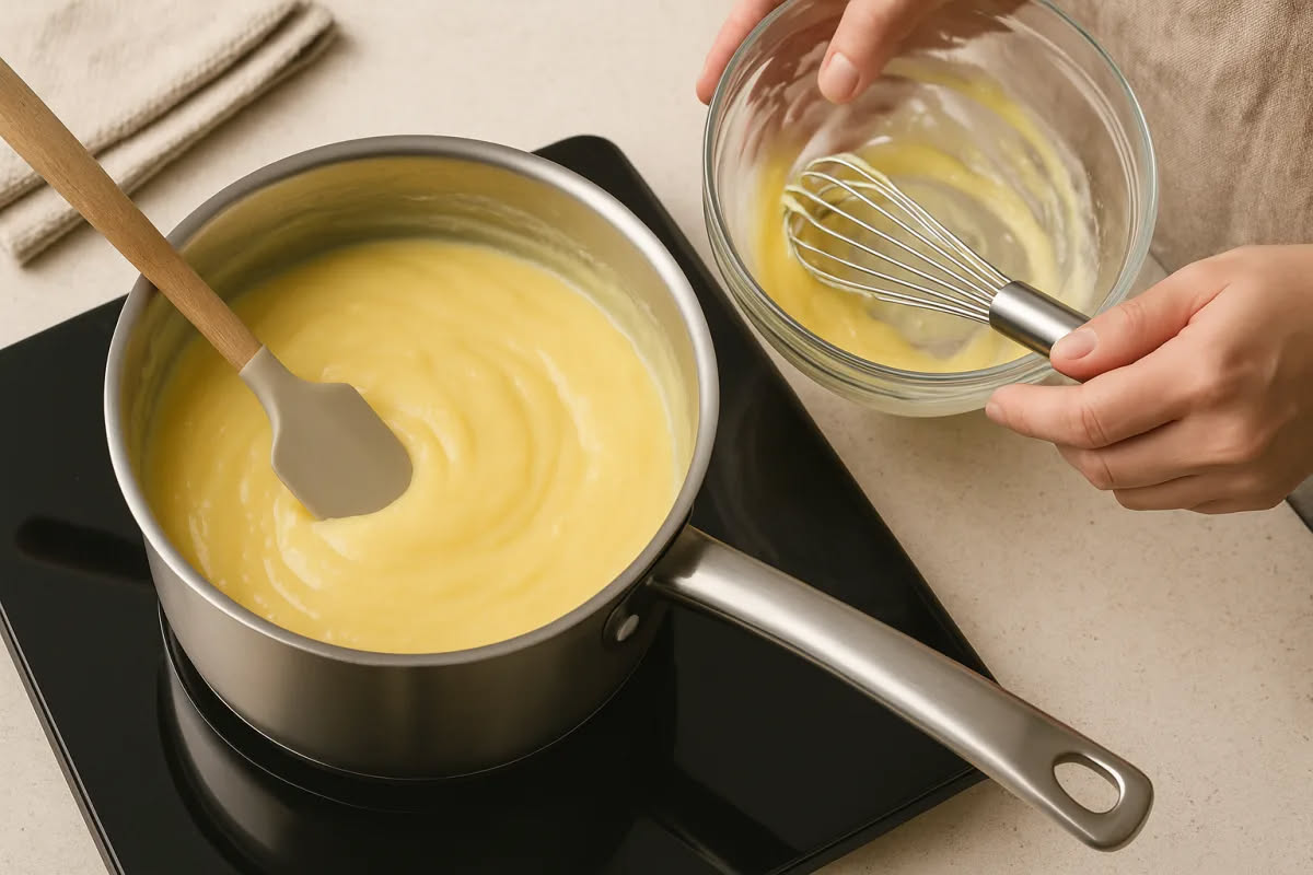 Crema pasticcera di colore giallo paglierino in una ciotola di vetro, liscia e lucida, con un cucchiaio di legno, e vicino uova, zucchero e una bacca di vaniglia