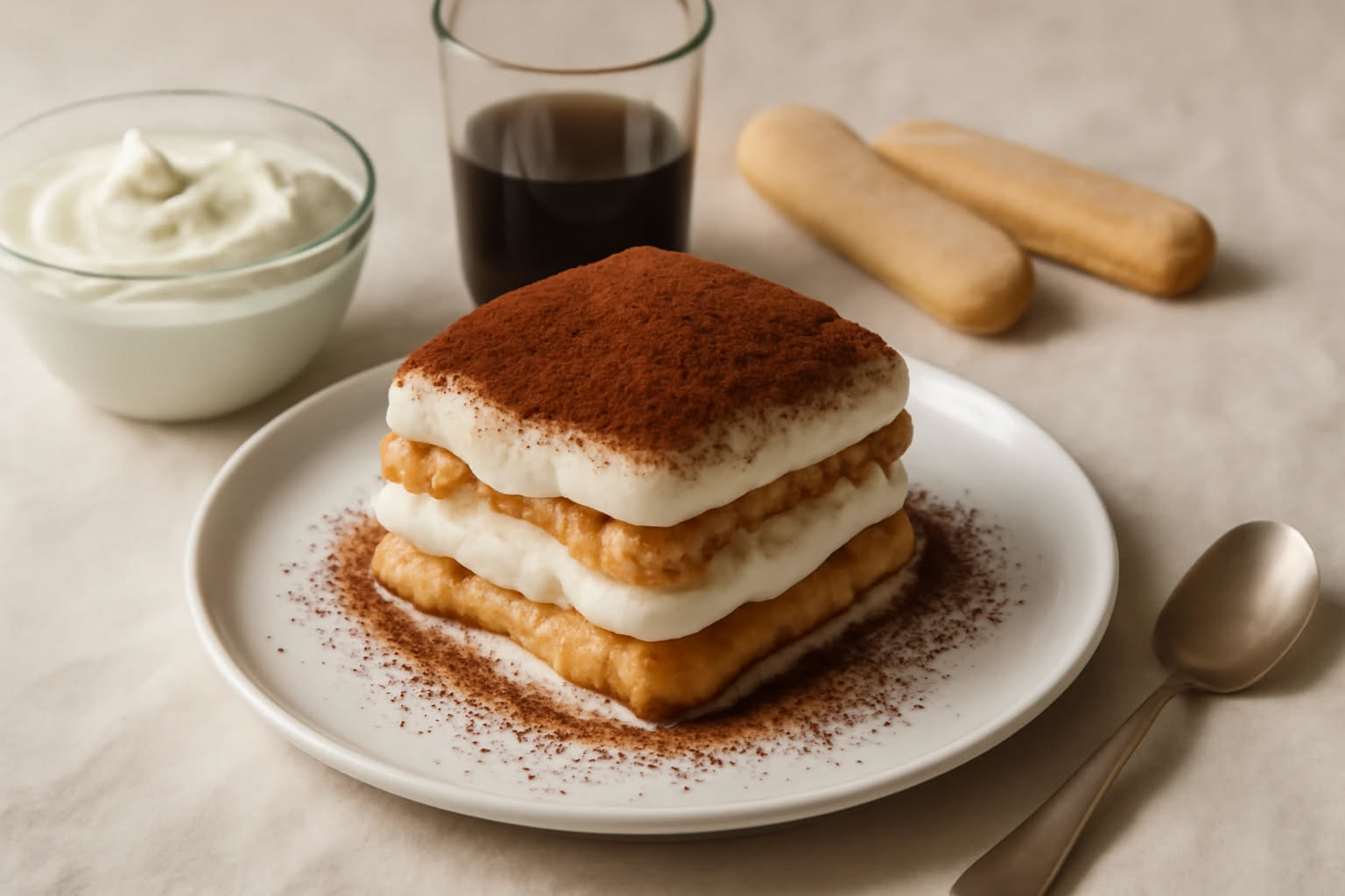 Tiramisu classico con strati di crema mascarpone bianca e biscotti savoiardi, spolverato di cacao in polvere scuro, servito in una coppetta di vetro