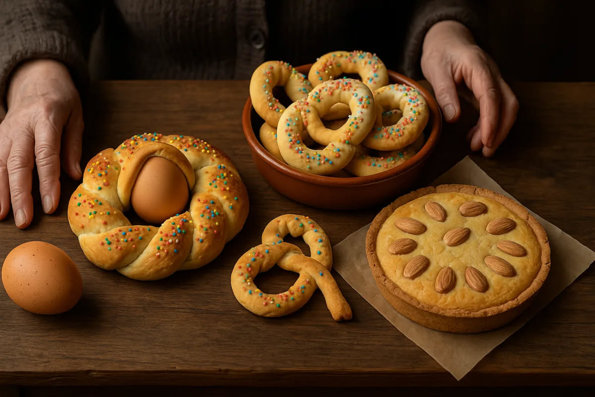 Ciambelle glassate e biscotti secchi disposti su una credenza di legno chiaro, con decorazioni di zucchero semolato e caramello, accanto a un vaso di vetro con biscotti conservati