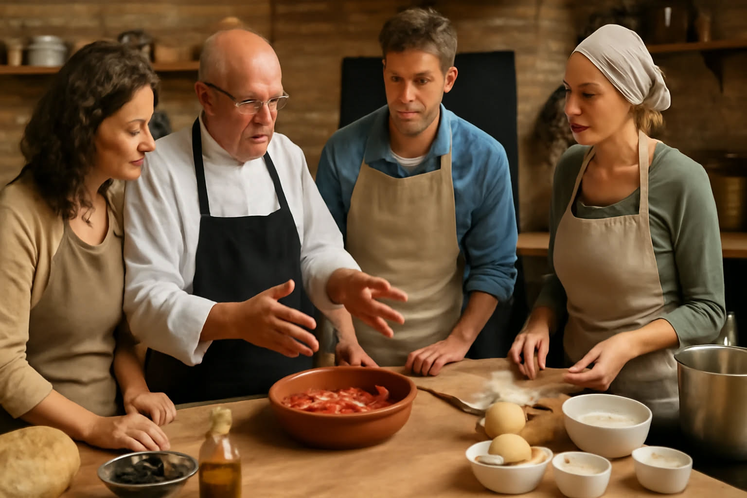 Piano di lavoro ordinato con ingredienti pre-tagliati in ciotole trasparenti, attrezzi puliti disposti secondo sequenza di utilizzo, cucina professionale ben illuminata