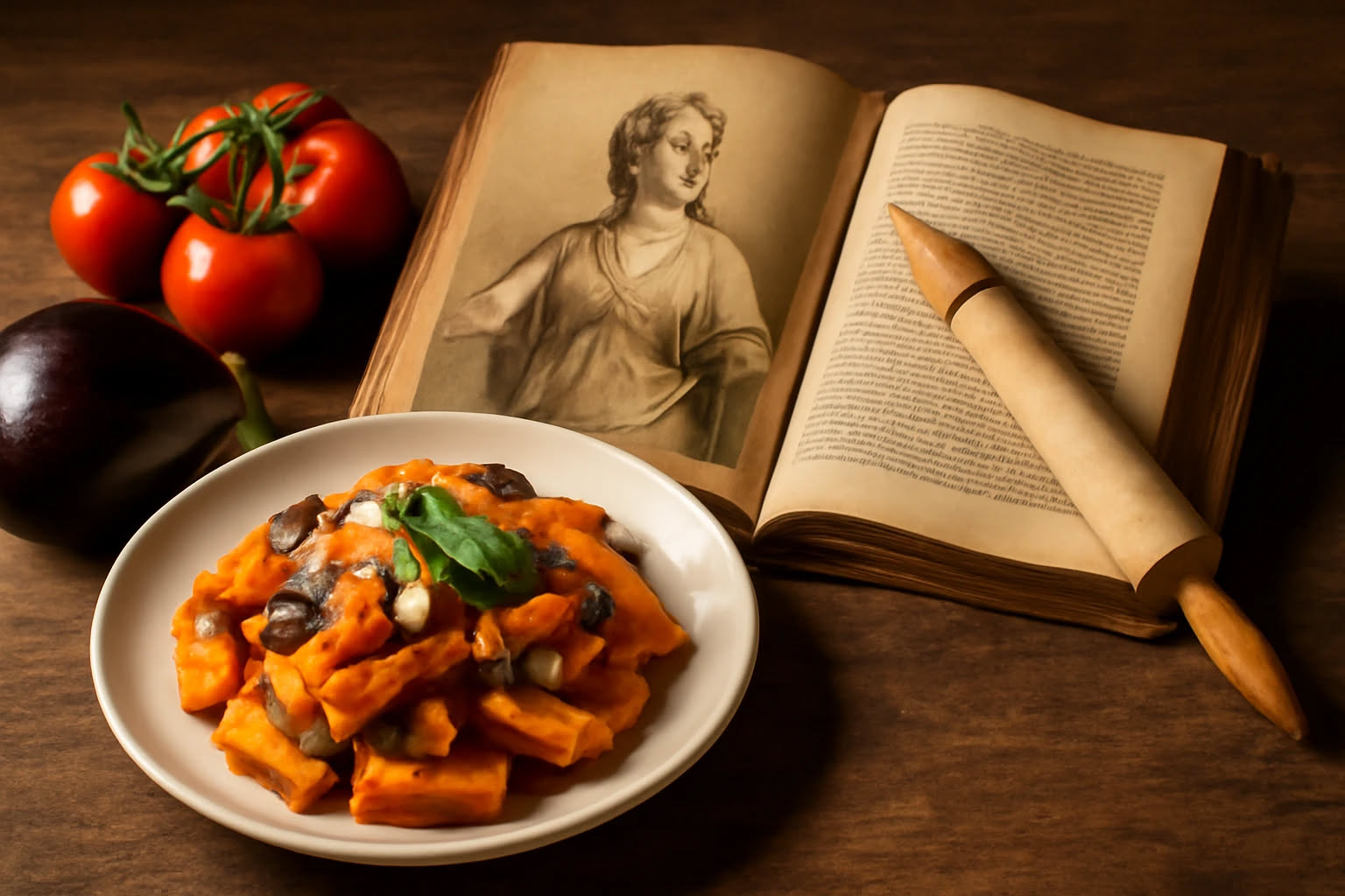 Piatto di paccheri rossi di pomodoro con foglia di basilico verde al centro, conditi con olio d'oliva brillante, serviti in un piatto bianco su tavolo di legno chiaro