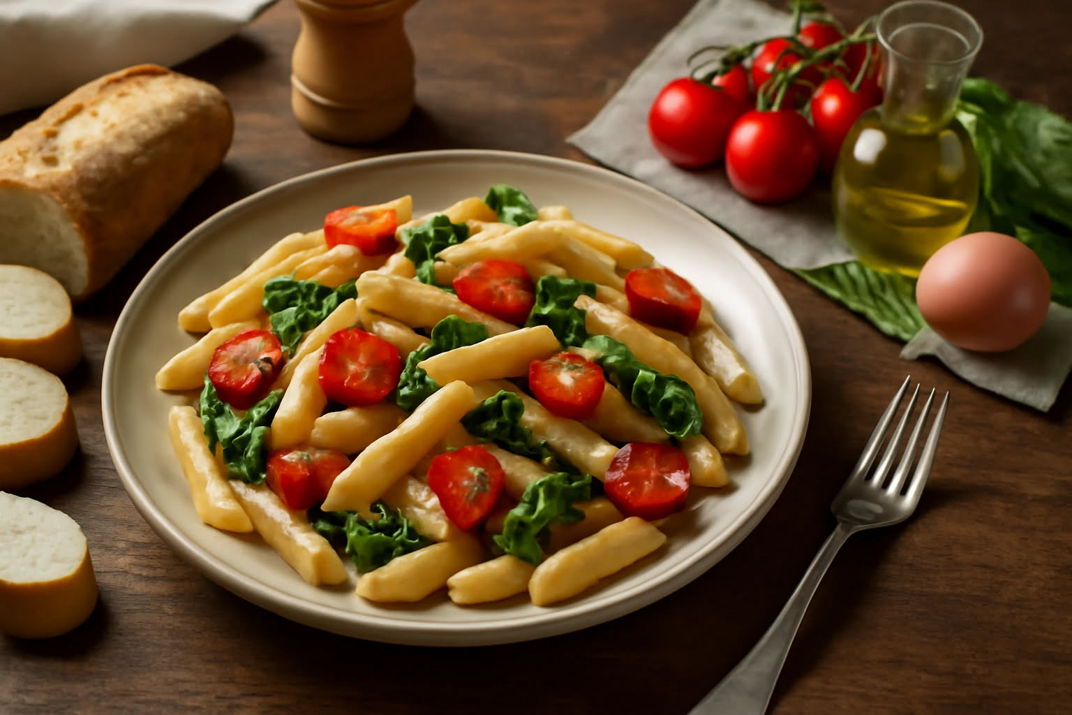 Piatto di pasta fredda caprese con penne bianche, cubetti di mozzarella bianchi, pomodori rossi tagliati, foglie di basilico verde, condimento di olio dorato, su fondo bianco