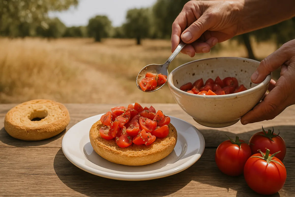 Peperonata nei piatto bianco: strisce di peperoni rossi, gialli e arancioni morbidi, pomodori rossi, cipolla trasparente, tutto lucido d'olio, guarnito con prezzemolo fresco tritato