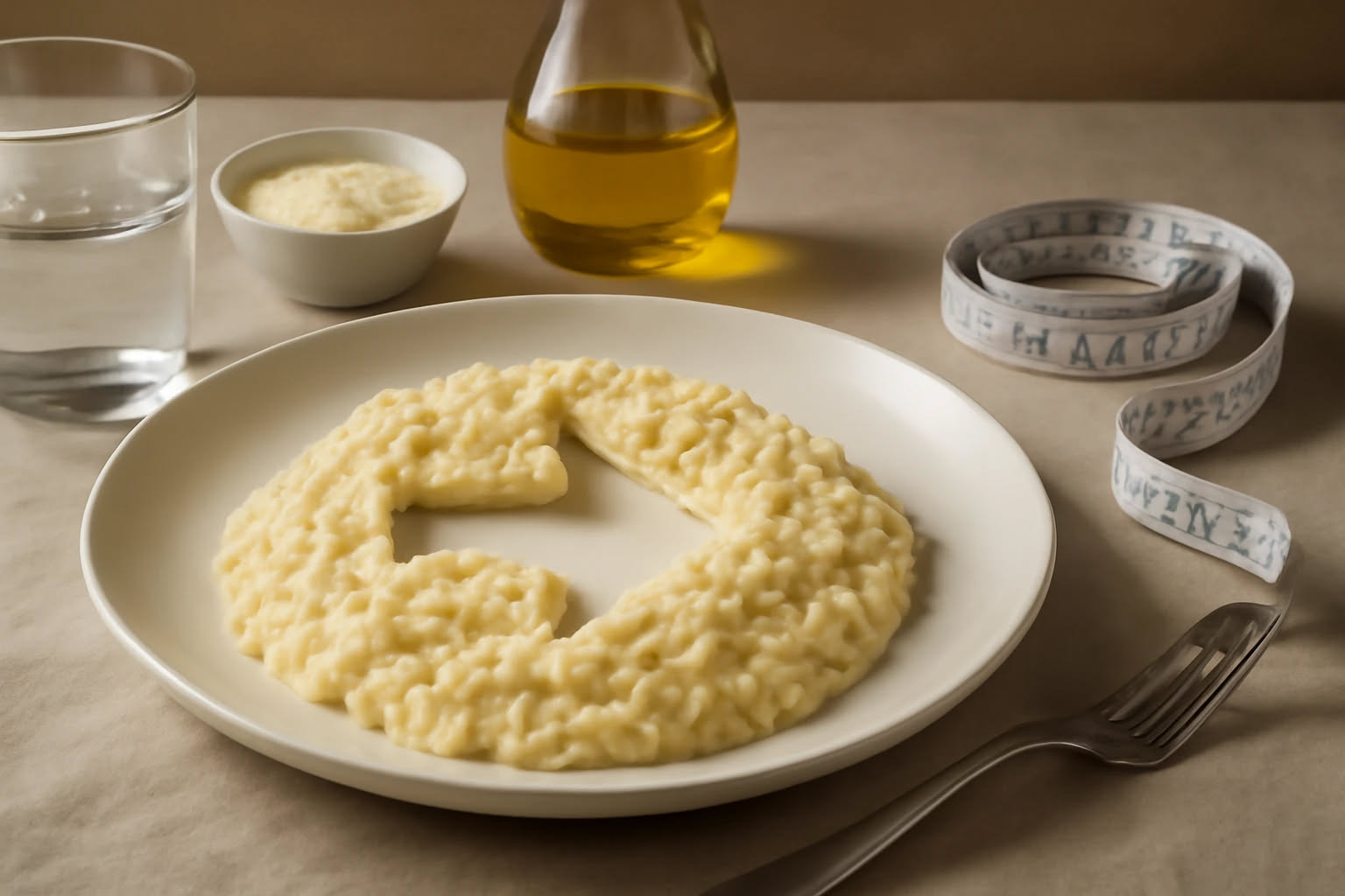 Risotto cremoso di colore giallo intenso servito in un piatto bianco, decorato con zeste di limone gialla e arancia, prezzemolo fresco verde e un giro di olio extra vergine. Sullo sfondo un bicchiere 