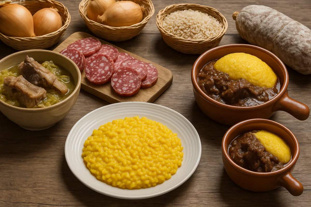 Piatto di risotto bianco cremoso con fiori di zucca gialli integri e a pezzi sparsi in superficie, grana di parmigiano, accompagnato da un cucchiaio d'argento e tovaglia bianca di lino