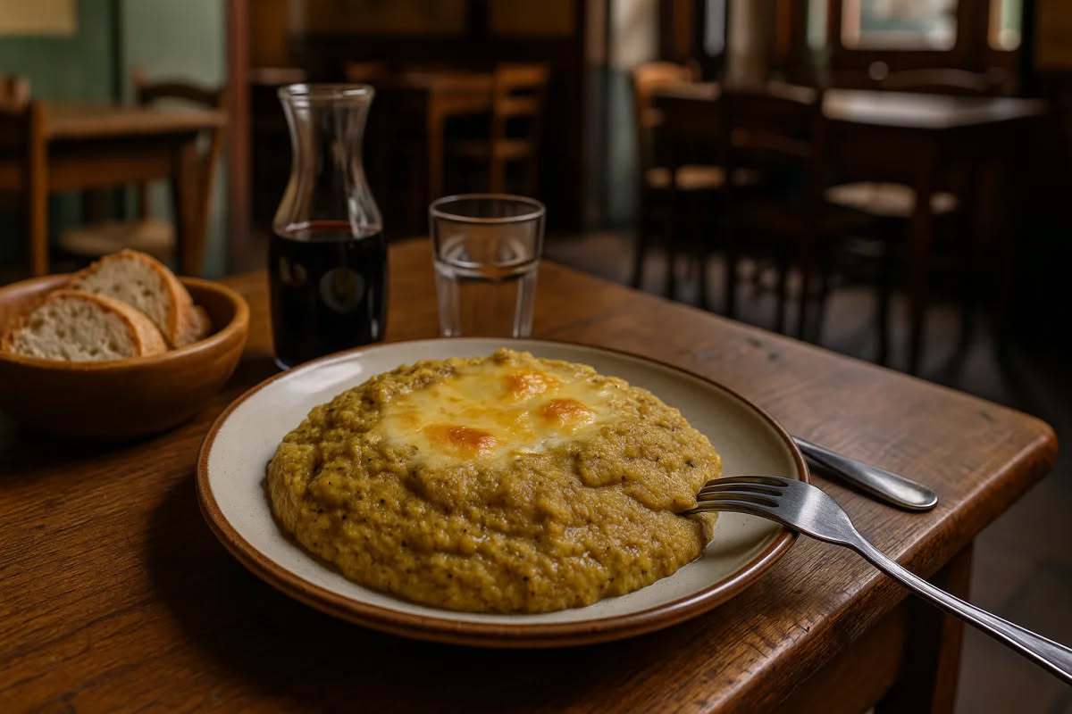 Risotto al basilico di colore verde salvia in un piatto fondo di ceramica bianca, guarnito con una foglia di basilico fresco, una grattugia di parmigiano e un filo di olio extravergine
