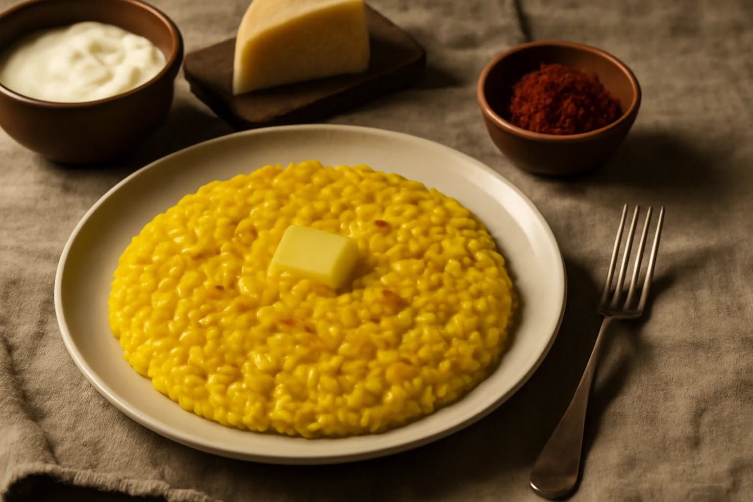 Risotto cremoso bianco e giallo servito in piatto fondo, con strisce di peperoni rossi e gialli visibili, provola filante che forma dei fili, guarnito con prezzemolo fresco e parmigiano grattugiato