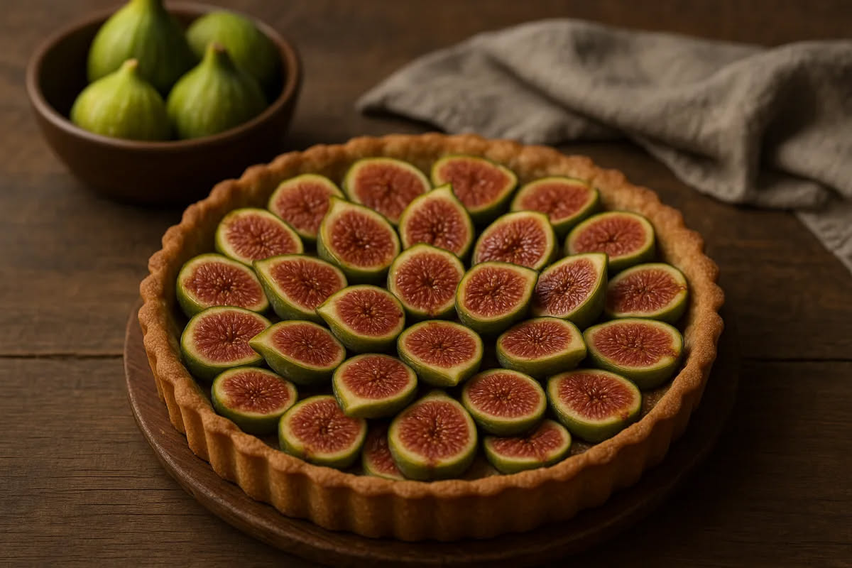 Torta di fichi a fette, dal colore dorato e crema, con pezzi di fico visibili in sezione trasversale, poggiata su un piatto bianco insieme a una tazza di tè