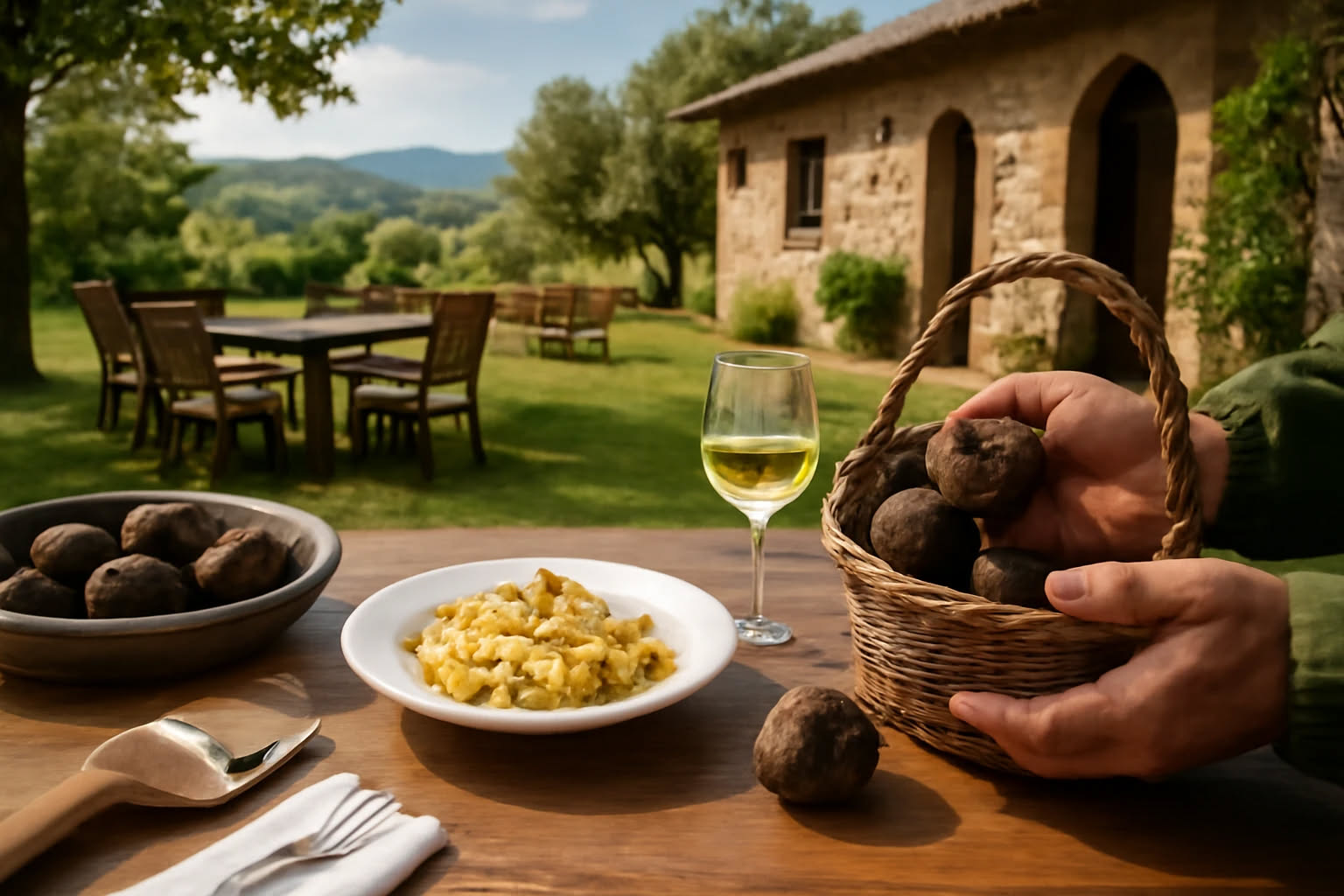 Un piatto di trofie al pesto e patate: pasta a forma di ricciolo ricoperta di salsa verde brillante con cubetti di patata gialla, sparse di pinoli e foglie di basilico fresco, su un fondo bianco.