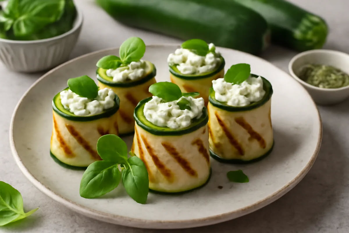 Quattro metà di zucchine grigie-verdi farcite con ripieno marrone, gratinate in superficie, disposte in pirofila bianca da forno, viste dall'alto con erbe fresche sparse intorno