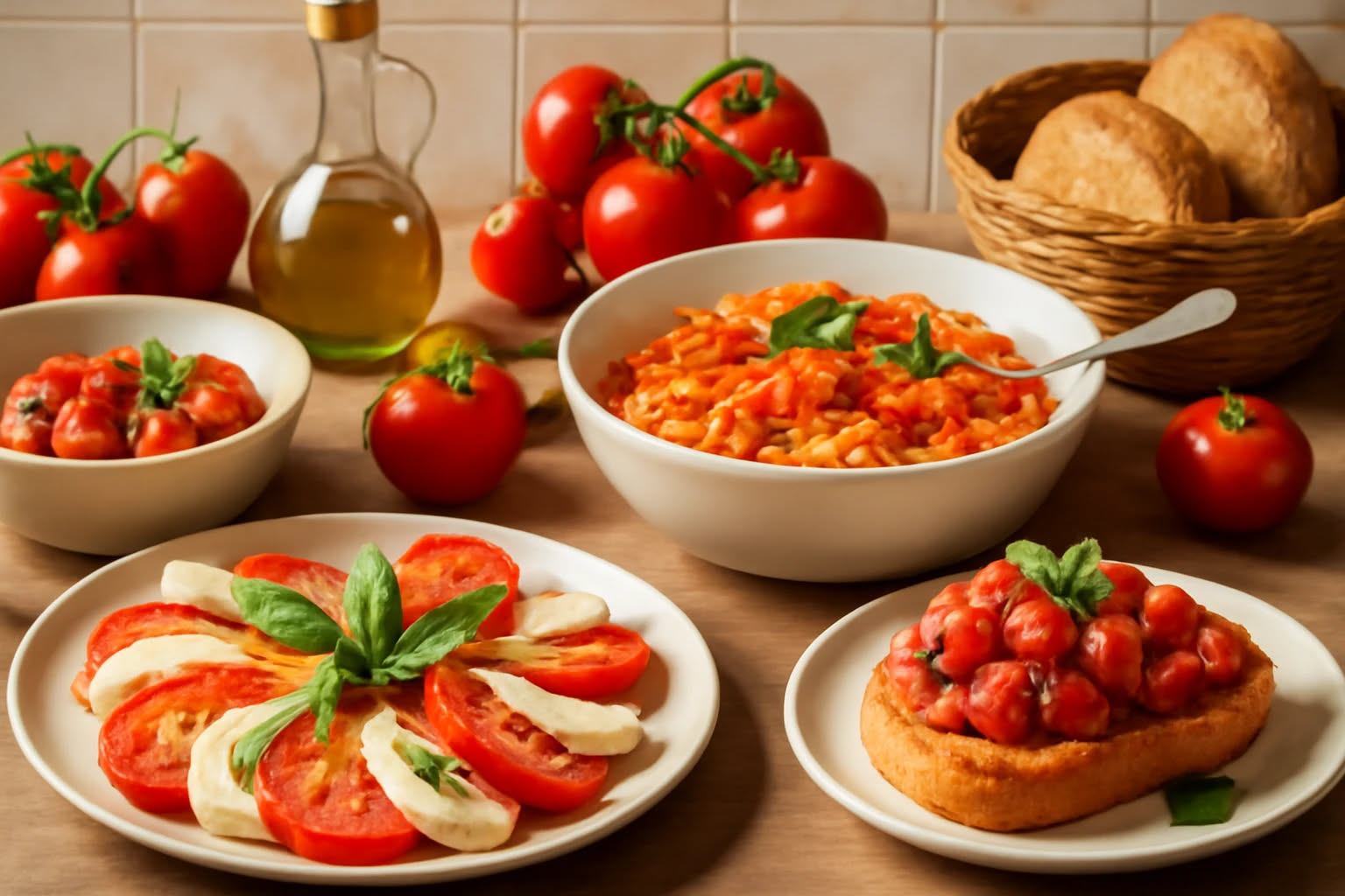 Una ciotola di zuppa fredda di pomodoro rosso intenso con cubetti di pane tostato dorato galleggianti in superficie, foglie di basilico verde fresco e filo d'olio extravergine, servita in un piatto bi