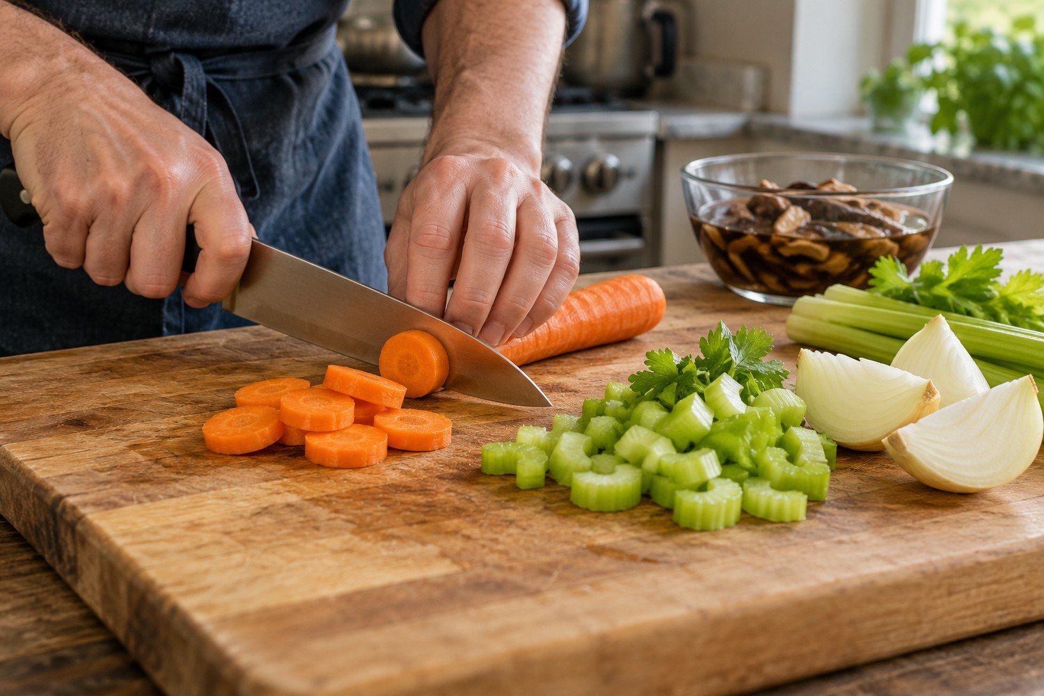 Un coltello taglia carota, sedano e cipolla su un tagliere di legno