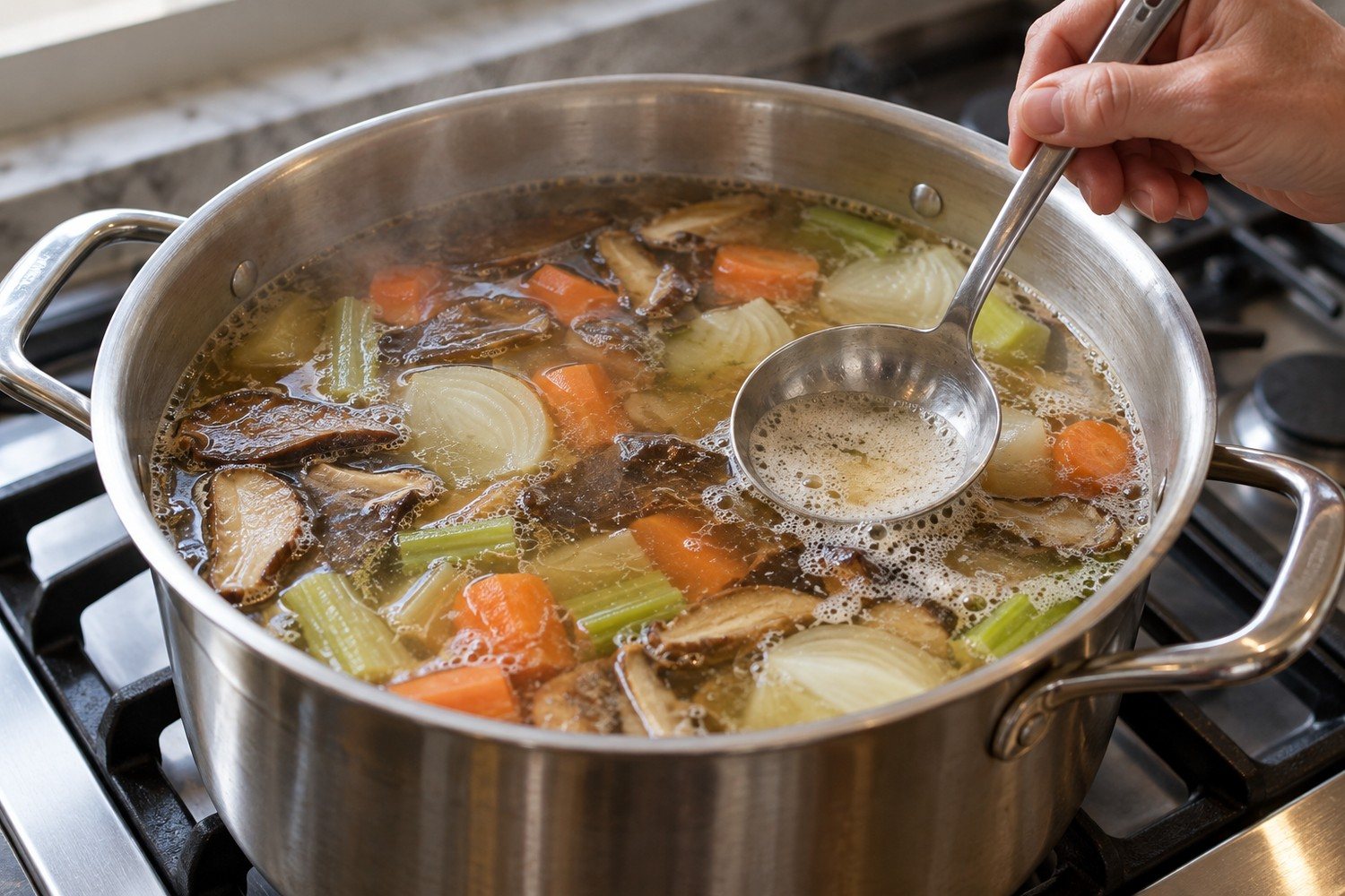 Una schiumarola toglie la schiuma dalla superficie del brodo con funghi, carote e sedano in pentola