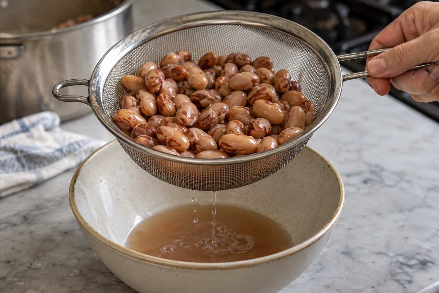 Fagioli borlotti cotti versati in un colino appoggiato sopra una ciotola