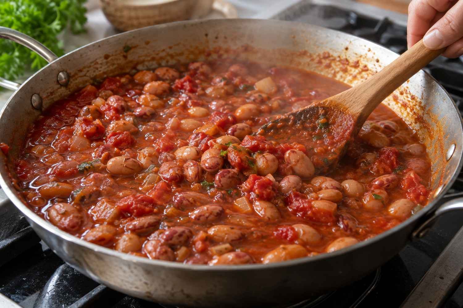 Fagioli borlotti che cuociono in un sugo di pomodoro dentro una padella