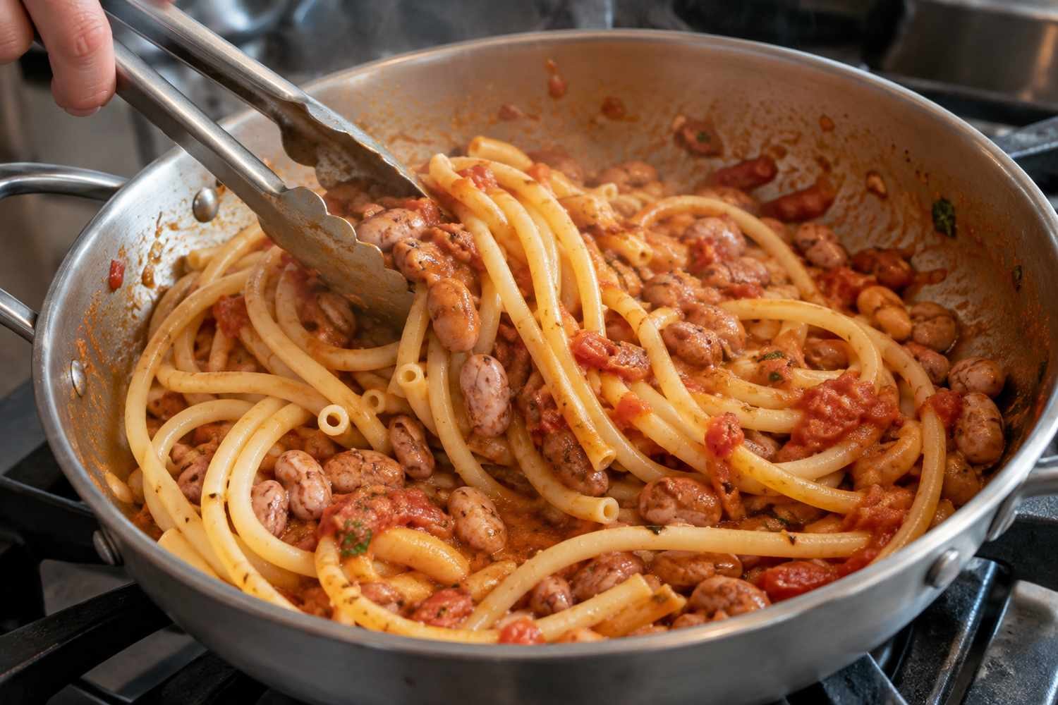 Bucatini scolati mescolati in padella insieme ai fagioli borlotti e al sugo di pomodoro