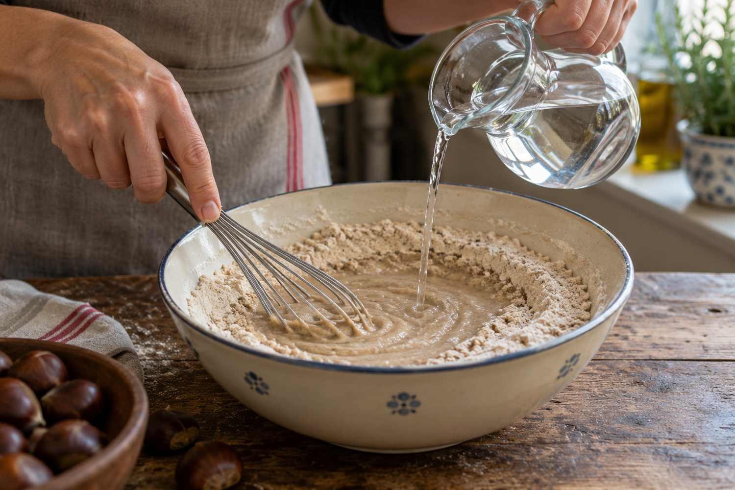 Una brocca di vetro versa un filo d'acqua sulla farina di castagne mentre una frusta mescola nella ciotola