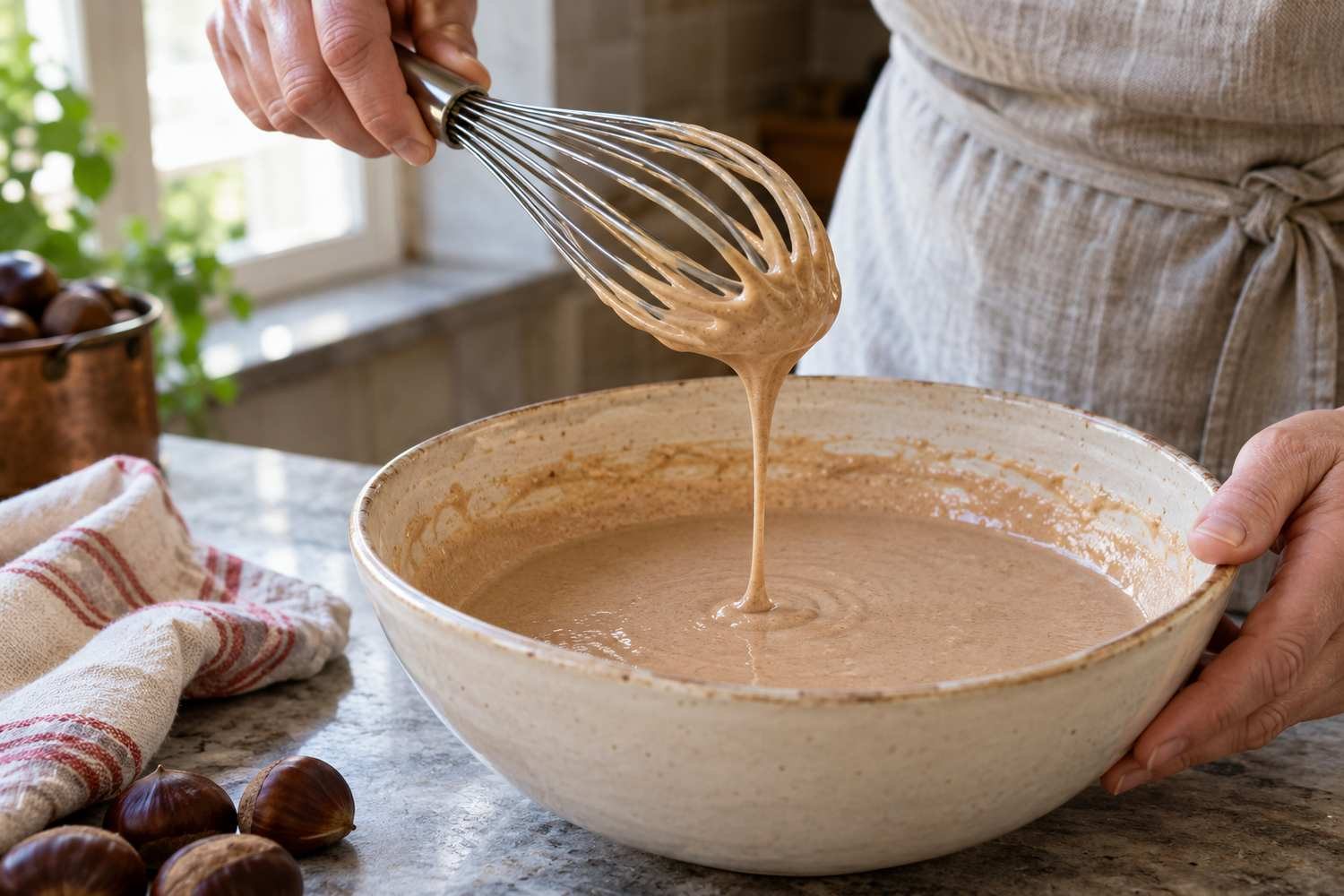 Una frusta sollevata dalla ciotola lascia colare una pastella liscia color nocciola