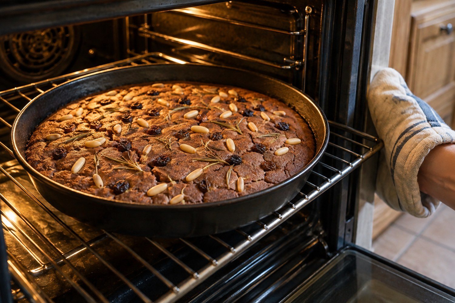 Una teglia di castagnaccio dalla superficie dorata e screpolata cuoce sulla griglia del forno