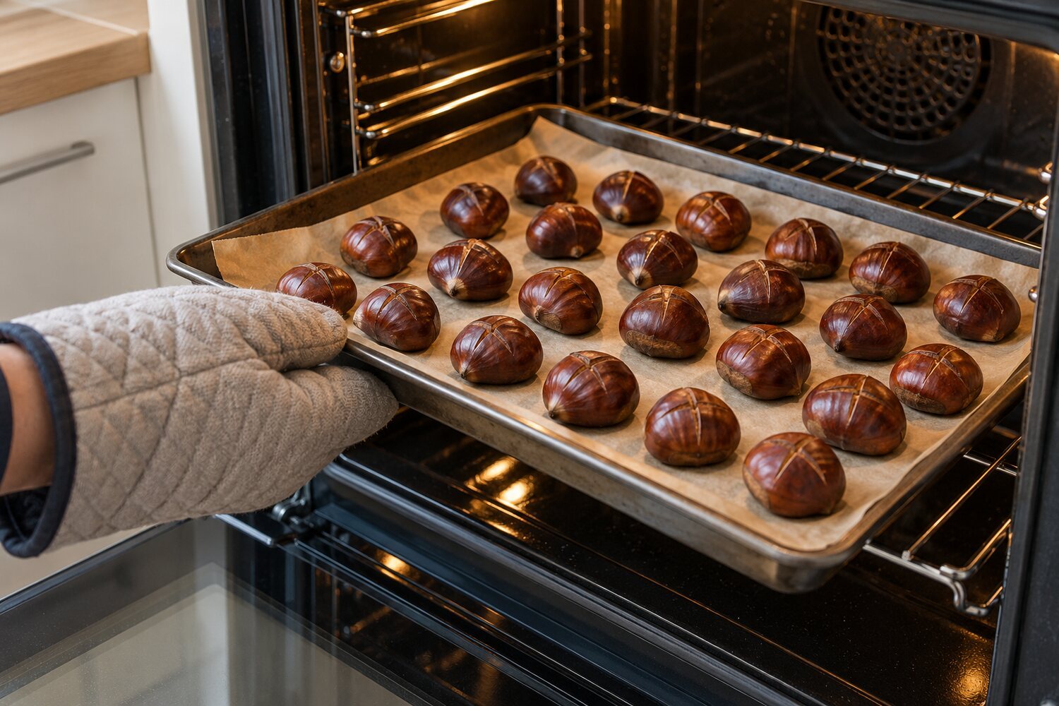 Castagne incise disposte in un solo strato su una teglia inserita nel forno domestico