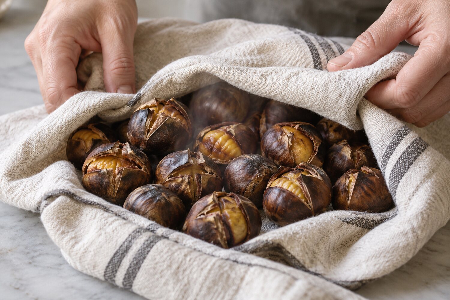 Castagne arrostite avvolte in un canovaccio di cotone per il riposo dopo la cottura