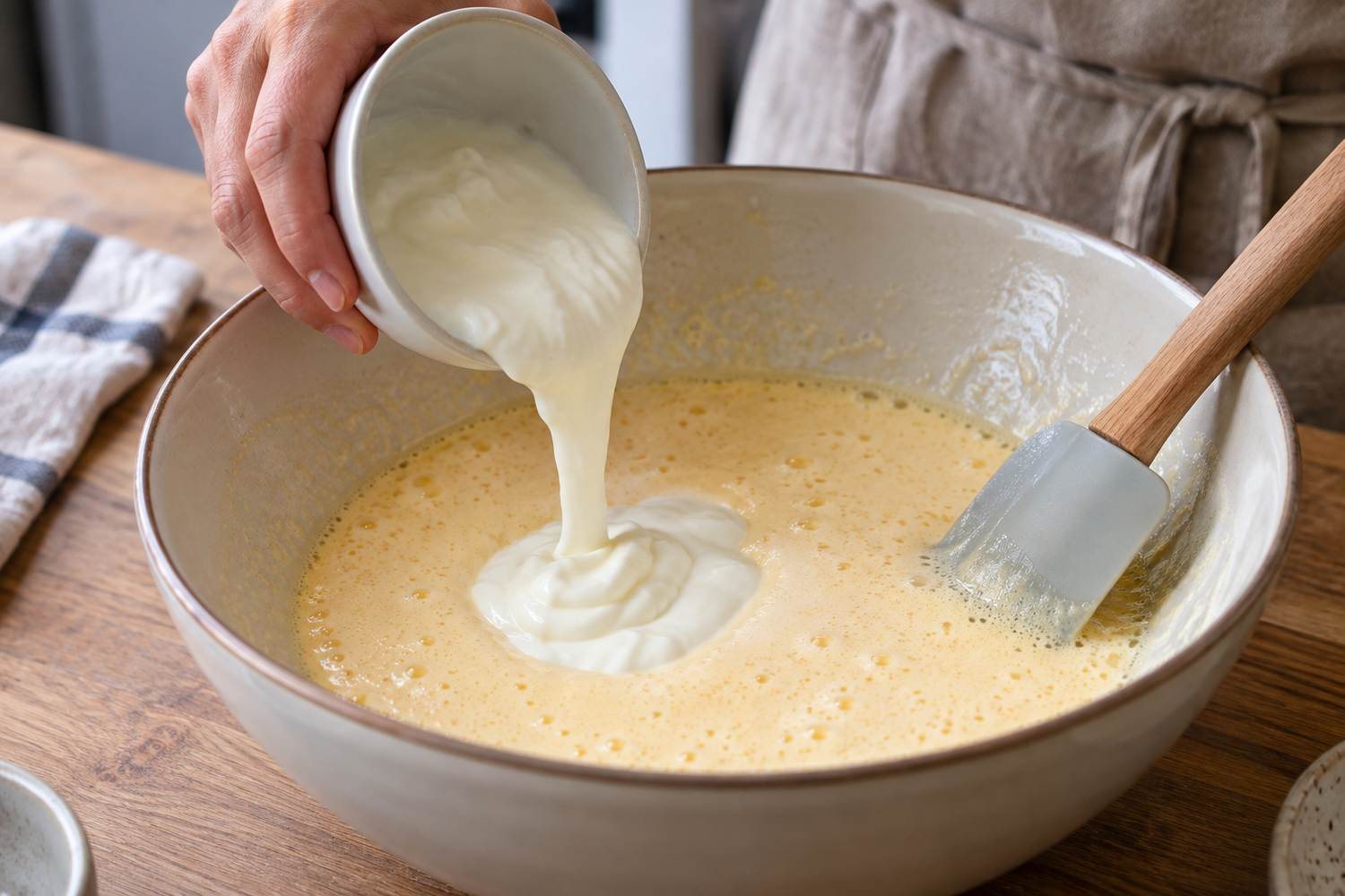 Lo yogurt bianco viene versato da una ciotolina nel composto di uova montate, con una spatola appoggiata al bordo