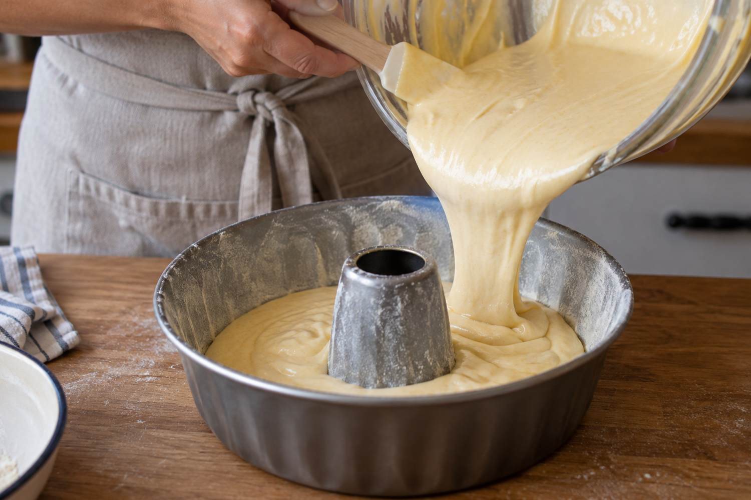 L'impasto chiaro allo yogurt viene versato da una ciotola in uno stampo a ciambella in alluminio