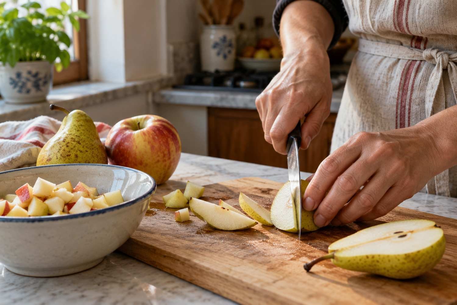Mani che tagliano una pera su un tagliere di legno, accanto a una mela, a una pera intera e a una ciotola di cubetti di frutta