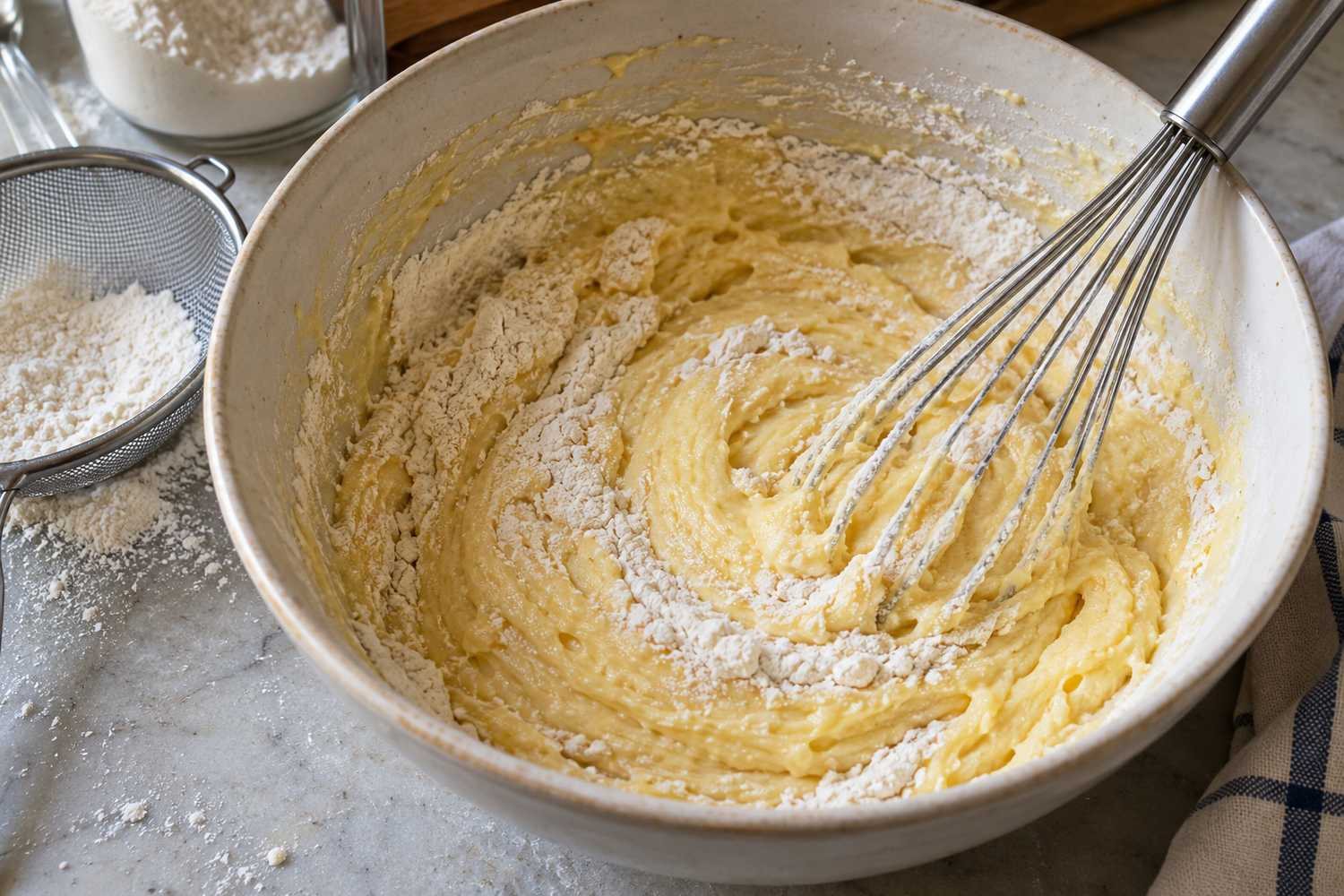 Una frusta mescola farina setacciata in un impasto chiaro dentro una ciotola di ceramica, con un colino accanto